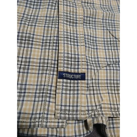 Structure Shirt Men XL Beige/Black Plaid Cotton Short Sleeve Office Nerd Dad - Picture 6 of 9